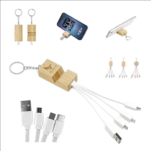 4-in-1 Bamboo Keychain Design Multi-Charging Cable with USB/Type-C/Micro USB/Lightning